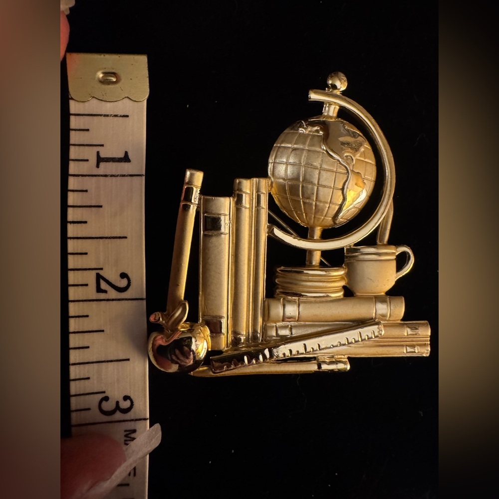 Signed Ajc School Teacher Brooch Pin Globe Books Pencil Ruler Apple Coffee Mug View 3
